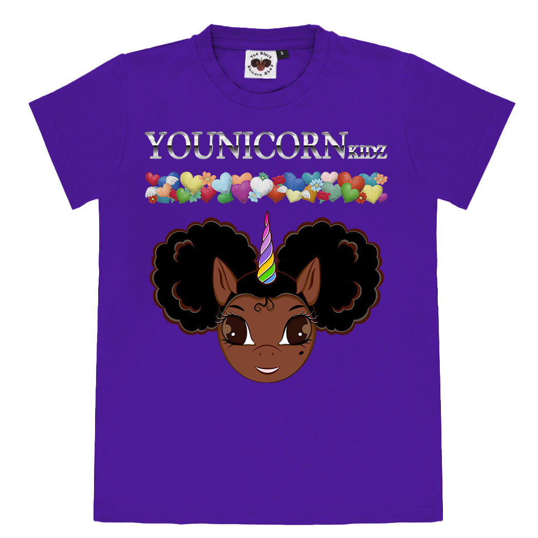 Afro Puff LOVE Logo Tee in Pop Star Purple - Brown with Black Hair