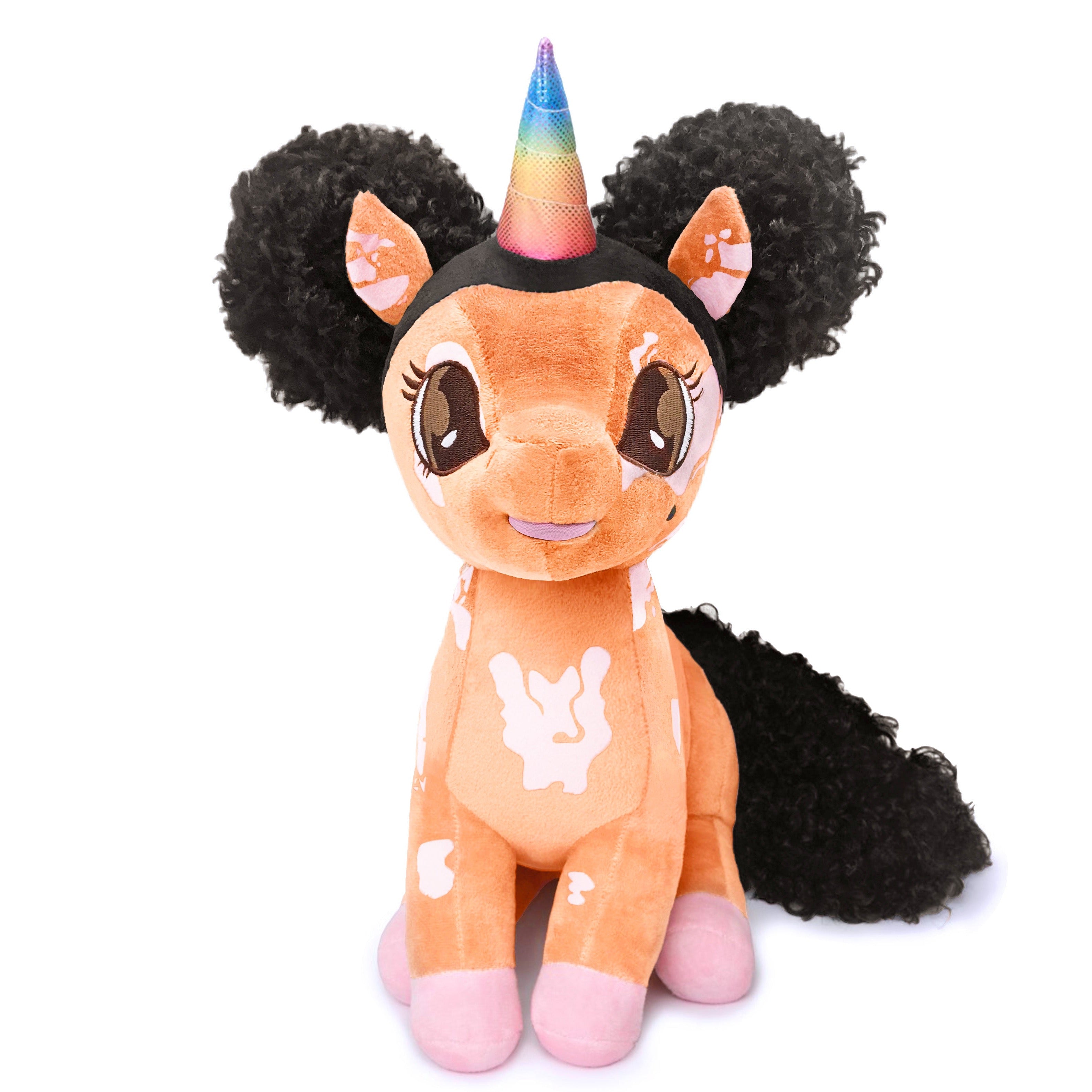 Brooklyn, Vitiligo Unicorn Plush Toy with Afro Puffs - 15 inch