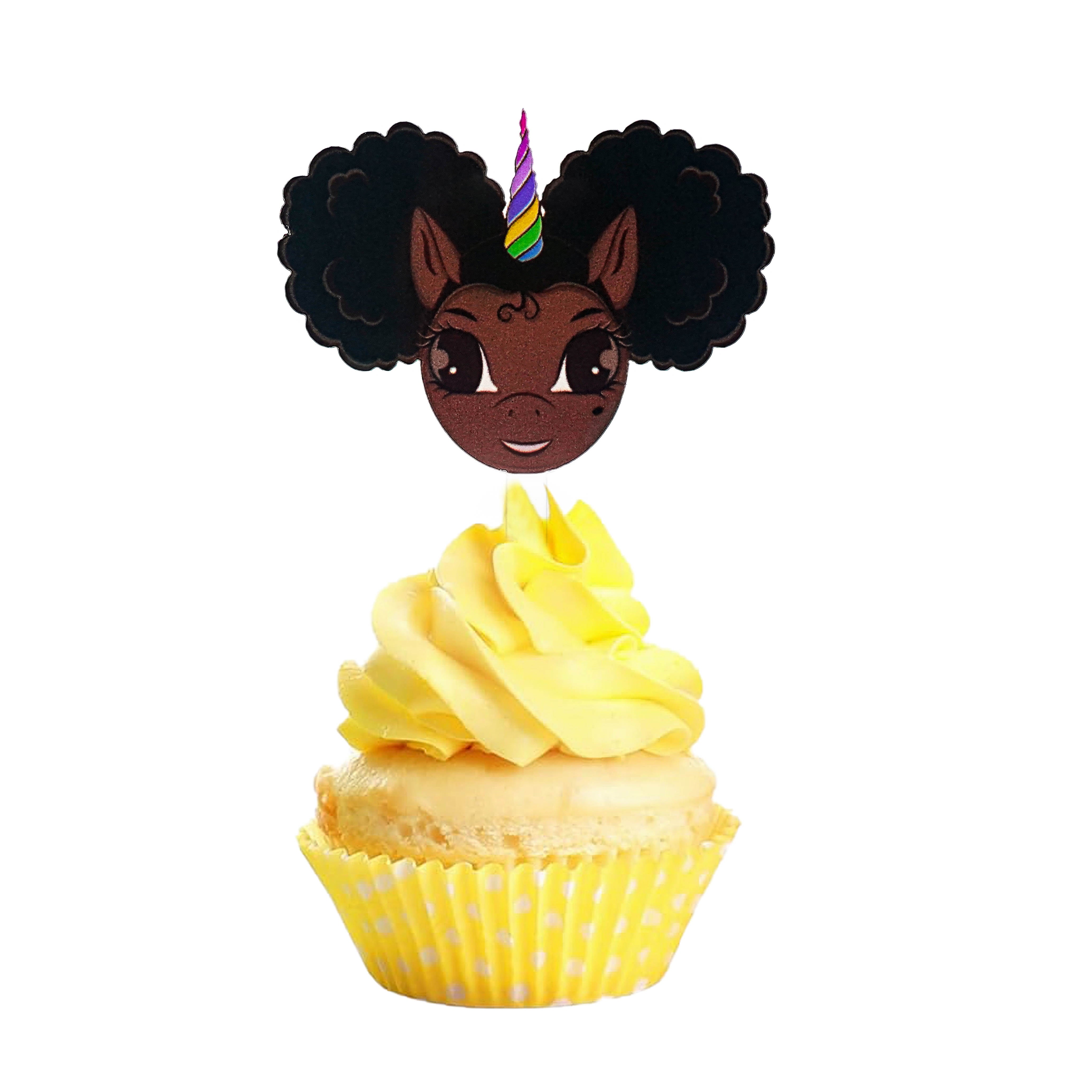 Afro Puff Unicorn Acrylic Cupcake Toppers - set of 25