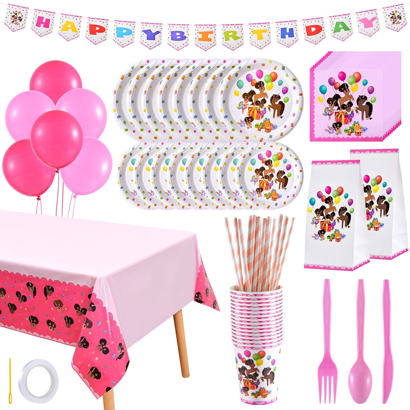 It's a Party Afro Puff Unicorn Birthday Party in a Box for 15 guests - White