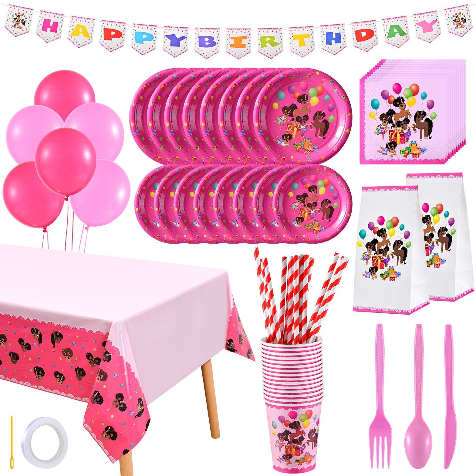 It's a Party Afro Puff Unicorn Birthday Party in a Box for 15 guests - Bubblegum Pink